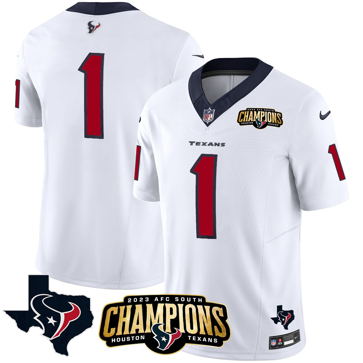 Men's Houston Texans 2023 AFC South Champions Patch Vapor Jersey - All Stitched - White - #1 Team — view 1