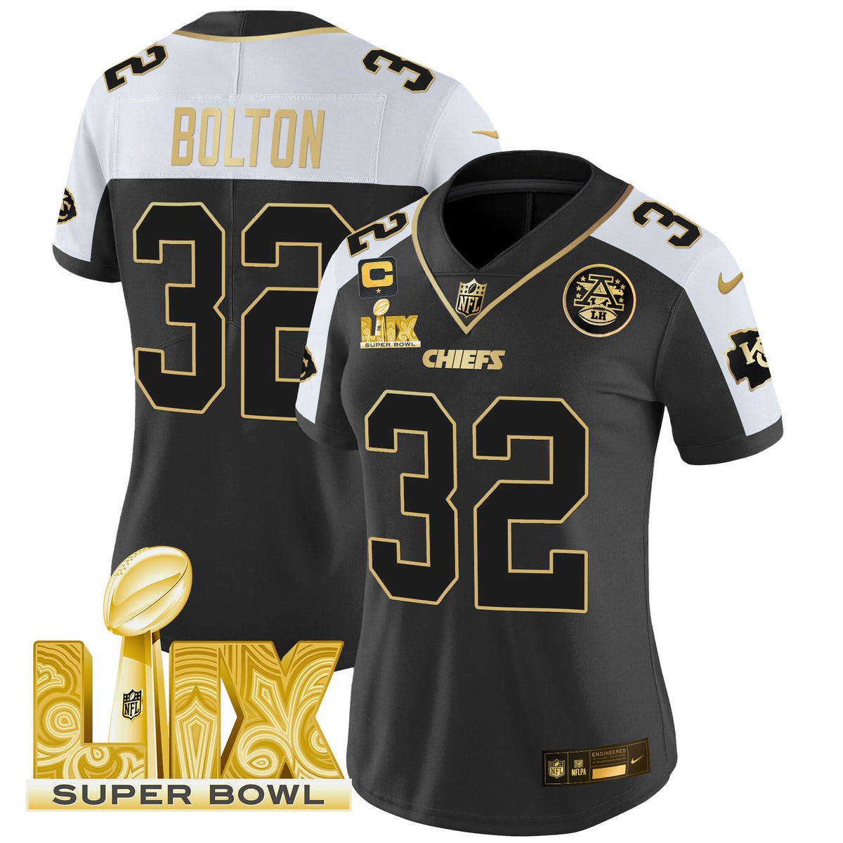 Women's Chiefs Super Bowl LIX Patch Gold Vapor Limited Jersey - All Stitched - Alternate - Nick Bolton — view 1