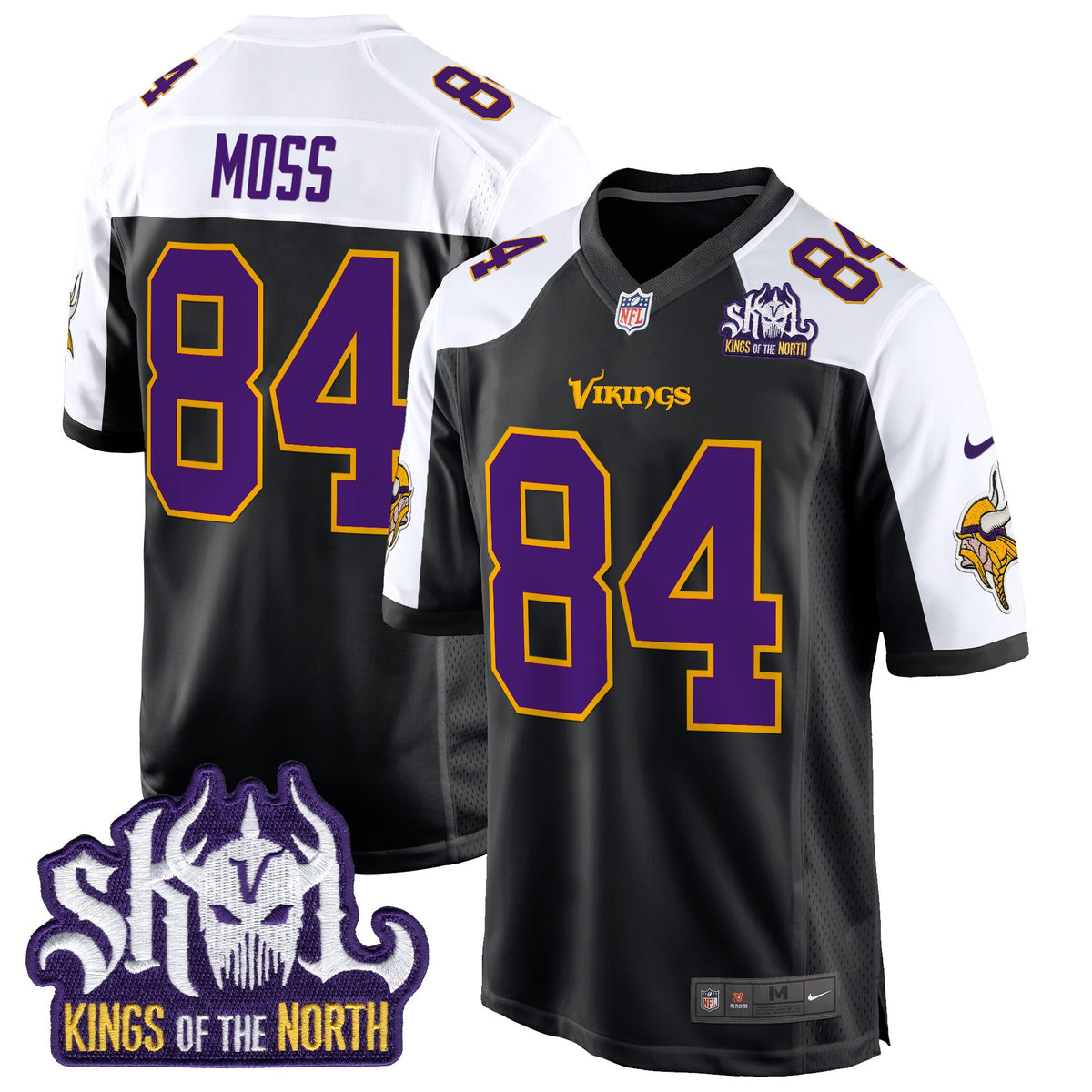 Men's Minnesota Vikings King Of The North Patch Throwback Game Jersey - All Stitched - Black Alternate - Randy Moss — view 1
