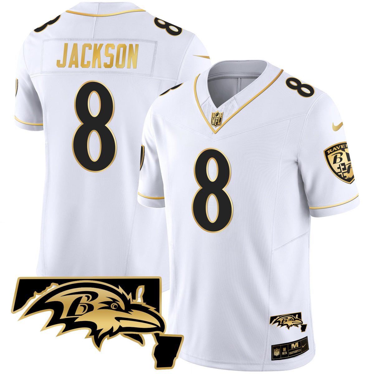 Men's Ravens Maryland Patch Vapor Gold Jersey - All Stitched - White Gold - Lamar Jackson — view 1