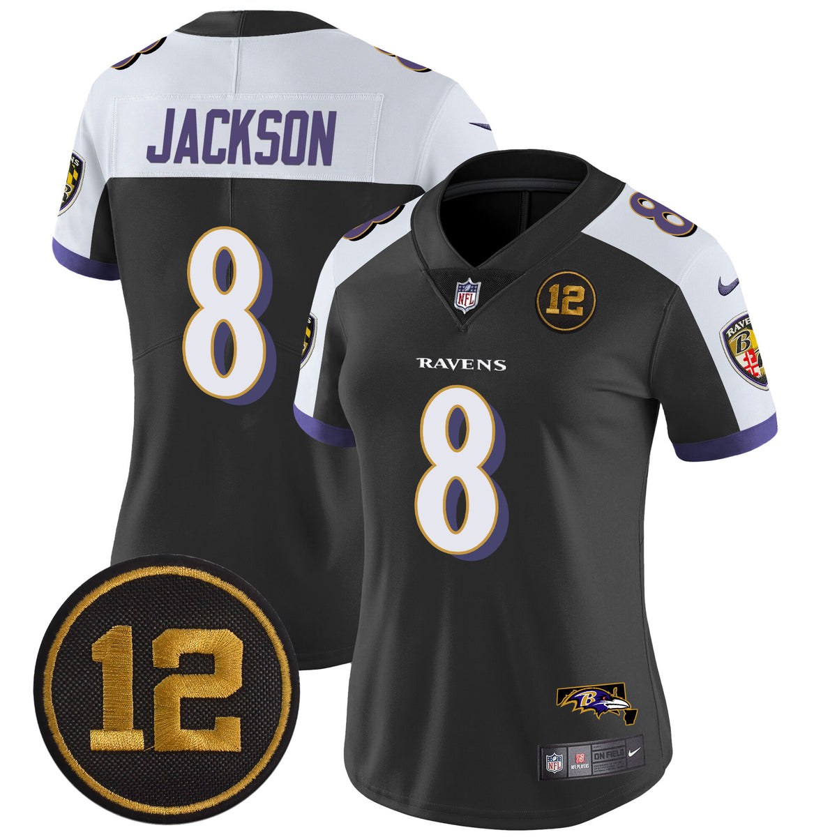 Women's Ravens Jacoby Jones Patch Vapor Limited Jersey - All Stitched - Black Alternate - Lamar Jackson — view 1