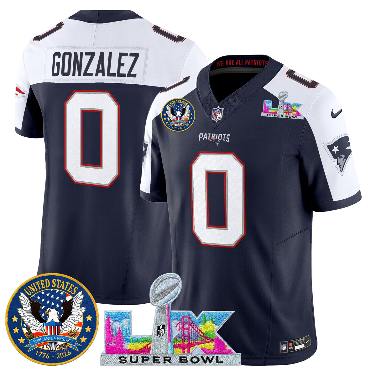 Men's New England Patriots Super Bowl LX & United States 250th Patch Vapor Limited Jersey - All Stitched - Navy Alternate - Christian Gonzalez — view 1