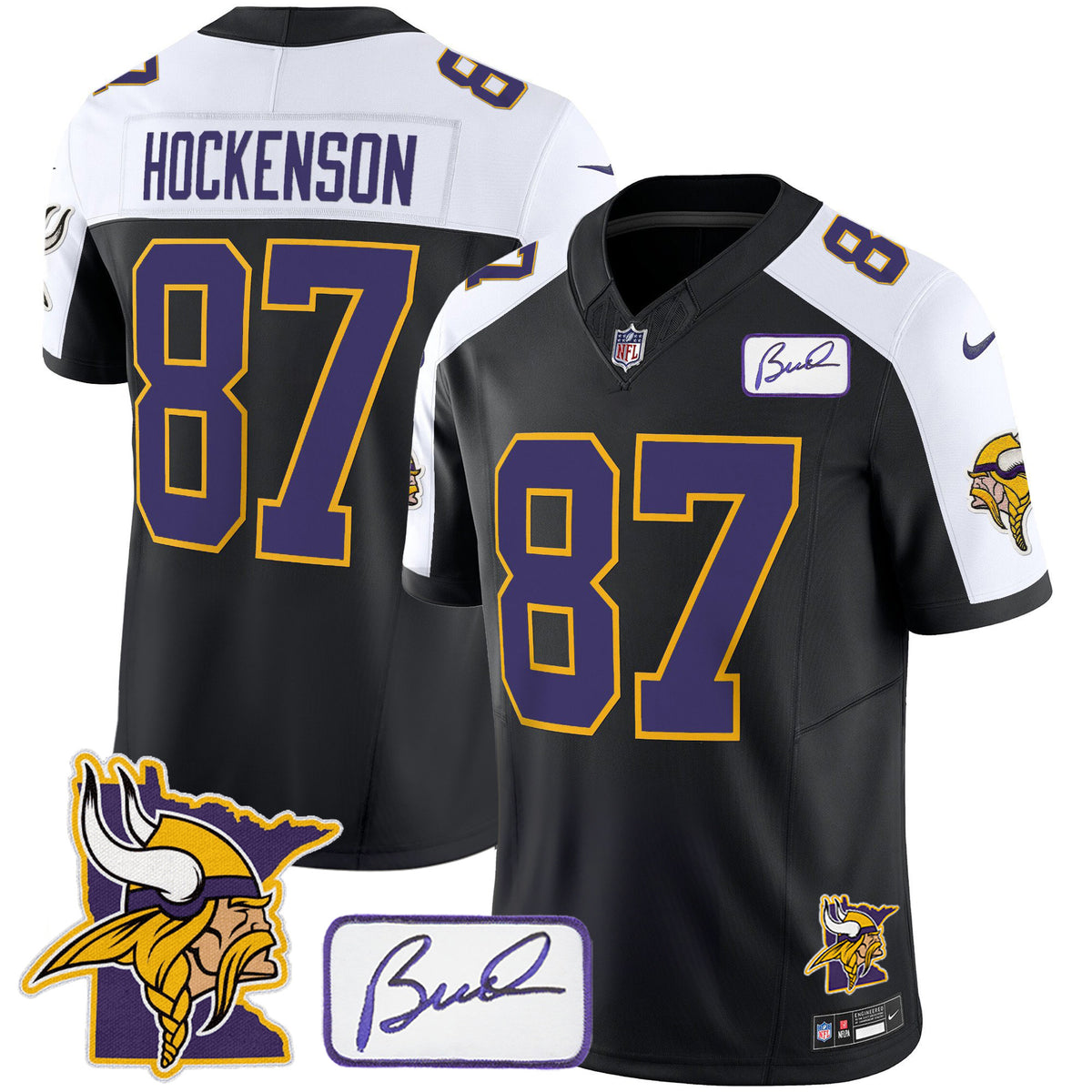 Men's Vikings Bud Grant & Minnesota Patch Classic Limited Jersey - All Stitched - Black Alternate - T.J.Hockenson — view 1