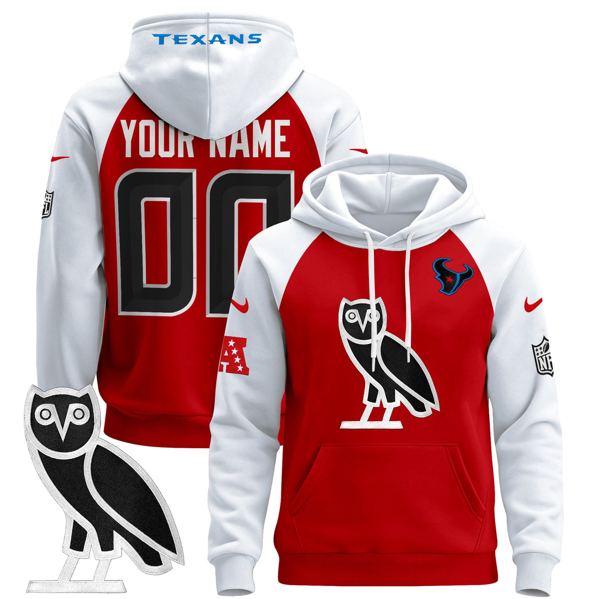 Houston Texans OVO 2024 Custom Pullover Hoodie - All Stitched - Red Alternate — view 1