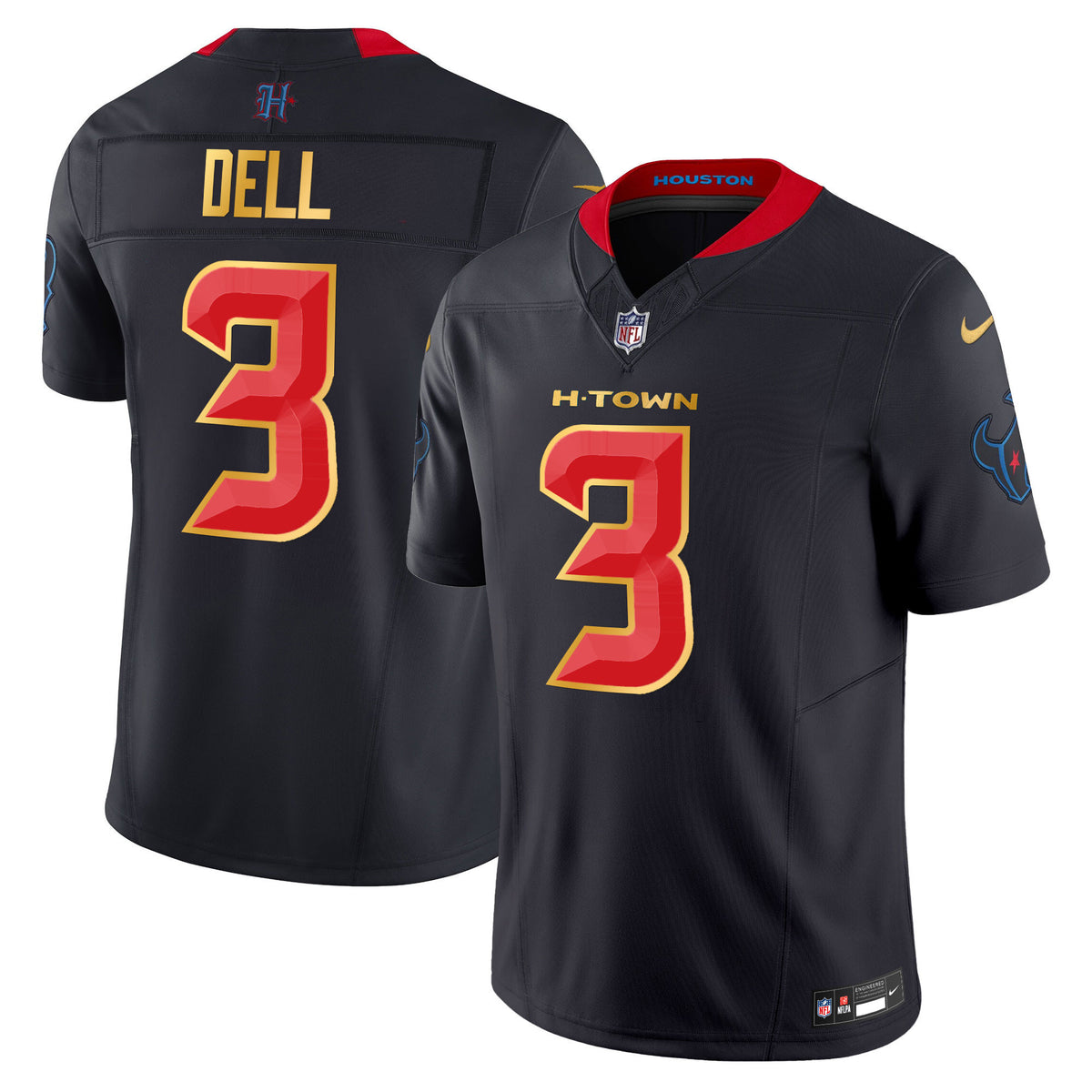 Men's Houston Texans 2024 Gold Trim Vapor Limited Jersey - All Stitched - Navy Limited - Tank Dell — view 1