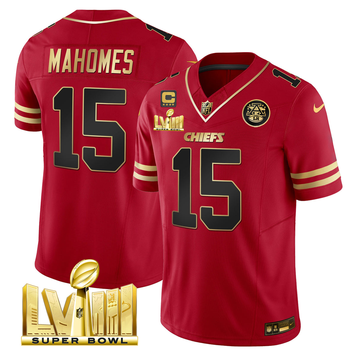 Men's Chiefs Super Bowl LVIII Gold Patch Vapor Jersey - All Stitched - Black Red - Patrick Mahomes — view 1