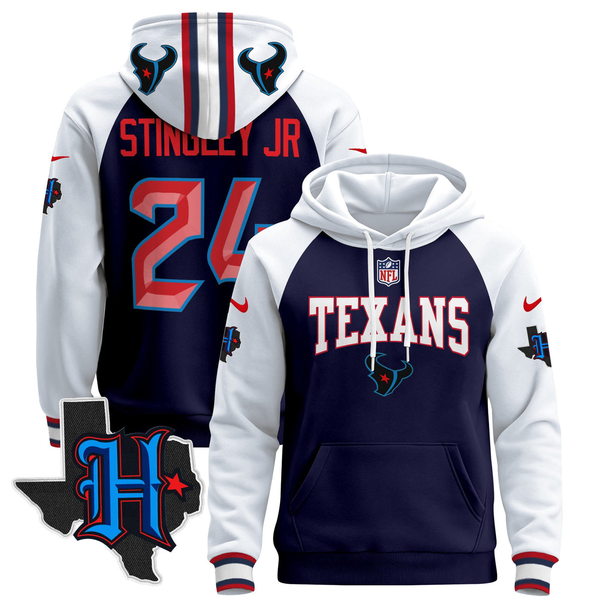 Men's Houston Texans 2024 Pullover Hoodie V3 - All Stitched - Navy Alternate - Derek Stingley Jr — view 1