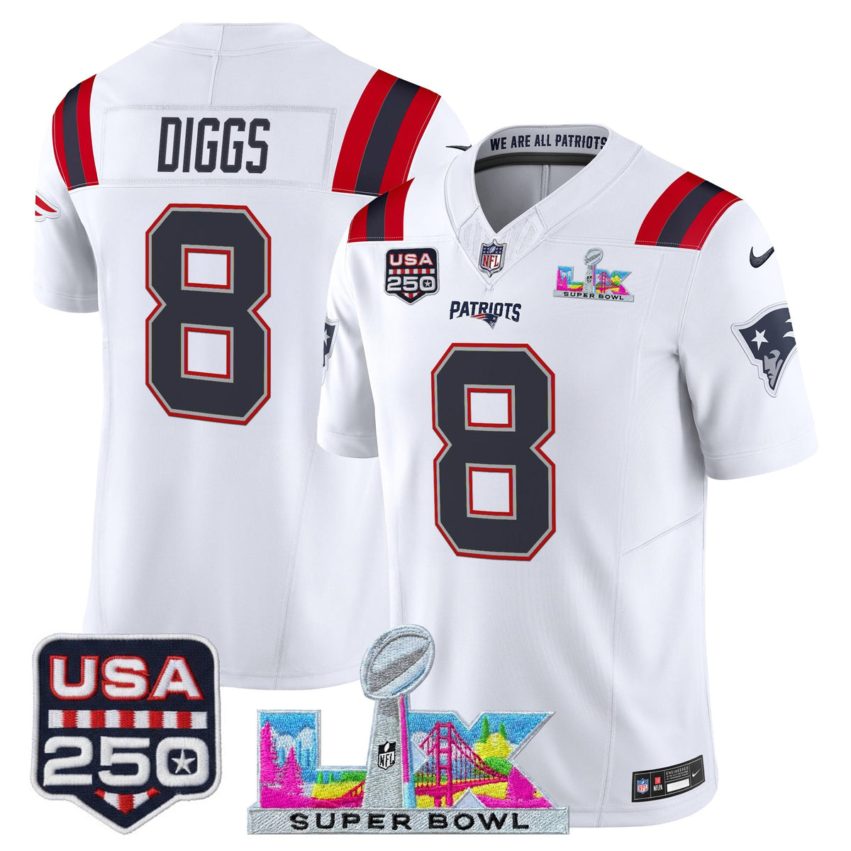 Men's New England Patriots Super Bowl LX & United States 250th Anniversary Patch Vapor Limited Jersey - All Stitched - White - Stefon Diggs — view 1