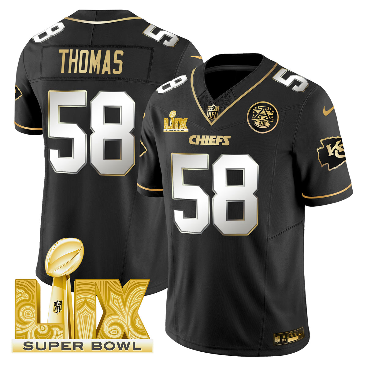 Men's Chiefs Super Bowl LIX Patch Gold Vapor Limited Jersey - All Stitched - Black Limited - Derrick Thomas — view 1
