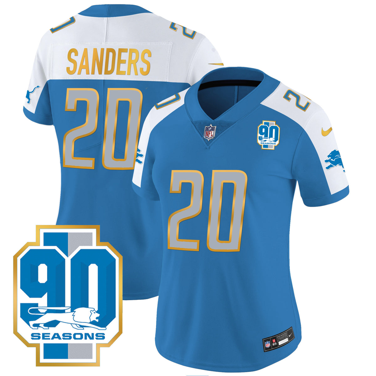 Women's Detroit Lions 90th Year Patch Gold Trim Jersey - All Stitched - Blue Alternate - Barry Sanders — view 1