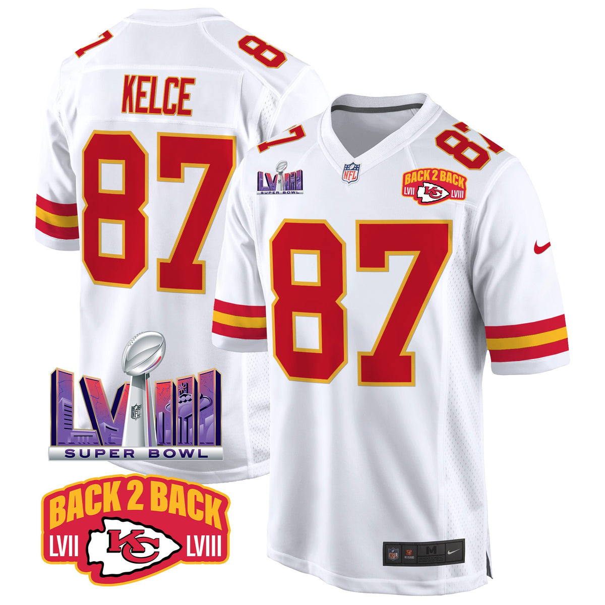 Men's Chiefs Super Bowl LVIII & Back 2 Back Patch Game Jersey - All Stitched - White - Travis Kelce — view 1