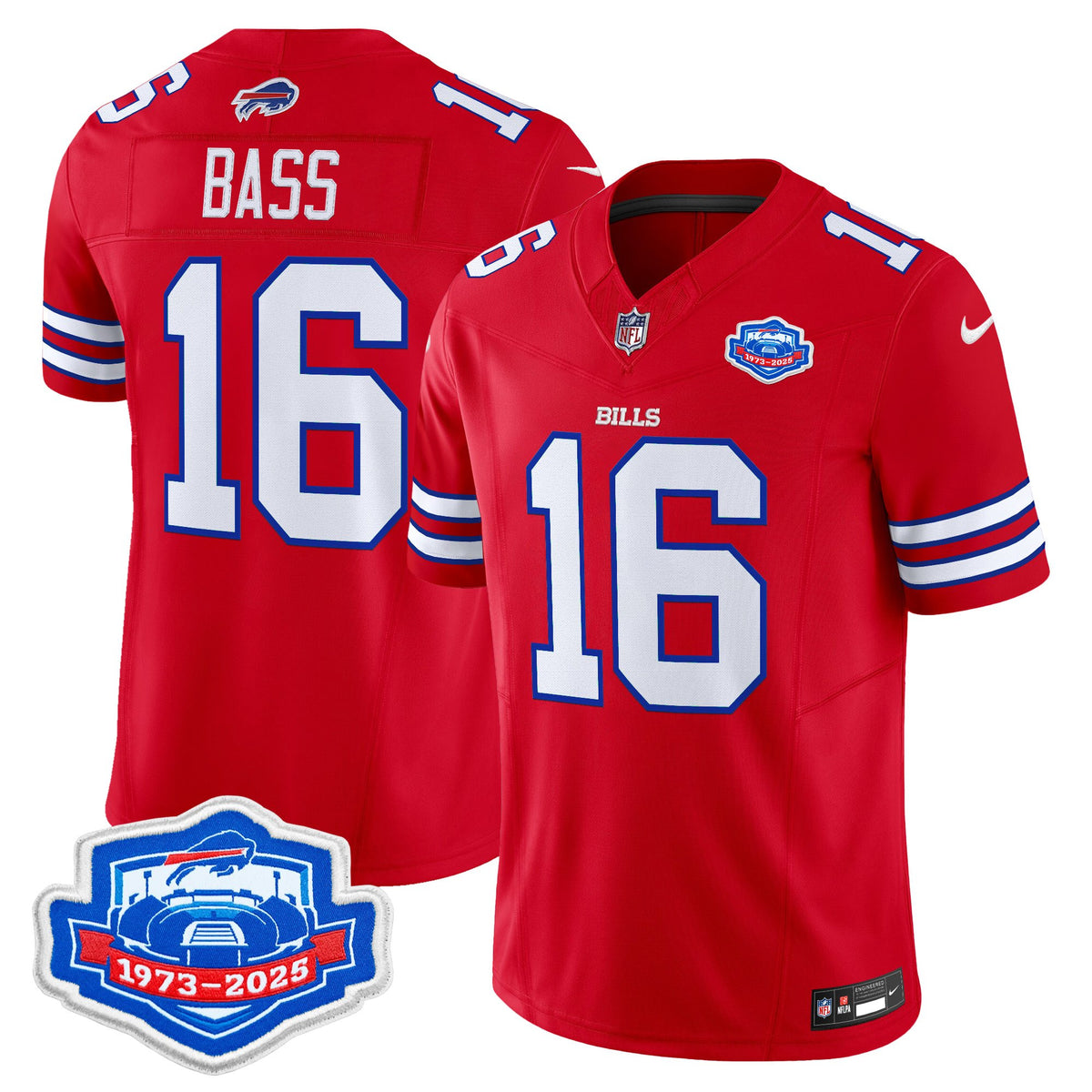 Men's Buffalo Bills 1973 - 2025 Farewell Season Patch Vapor Limited Jersey - All Stitched - Red - Tyler Bass — view 1