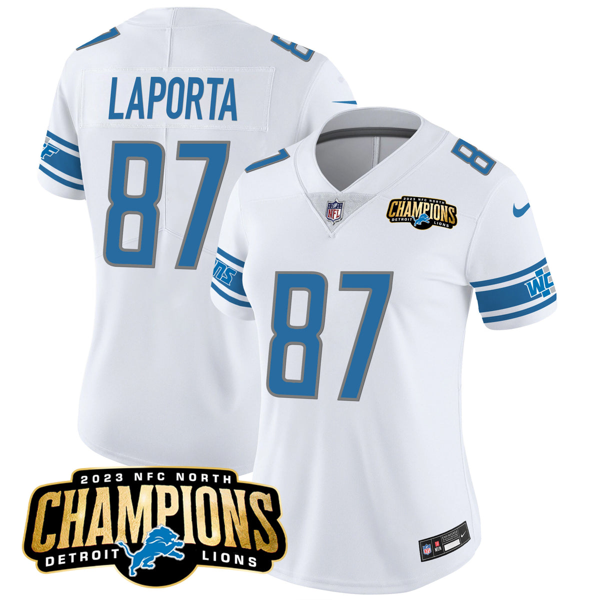 Women's Detroit Lions 2023 NFC North Champions Patch Vapor Jersey - All Stitched - White - Sam Laporta — view 1