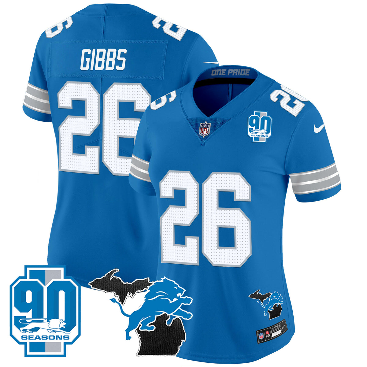 Women's Detroit Lions 2024 Michigan & 90th Year Patch Vapor Jersey - All Stitched - Blue - Jahmyr Gibbs — view 1