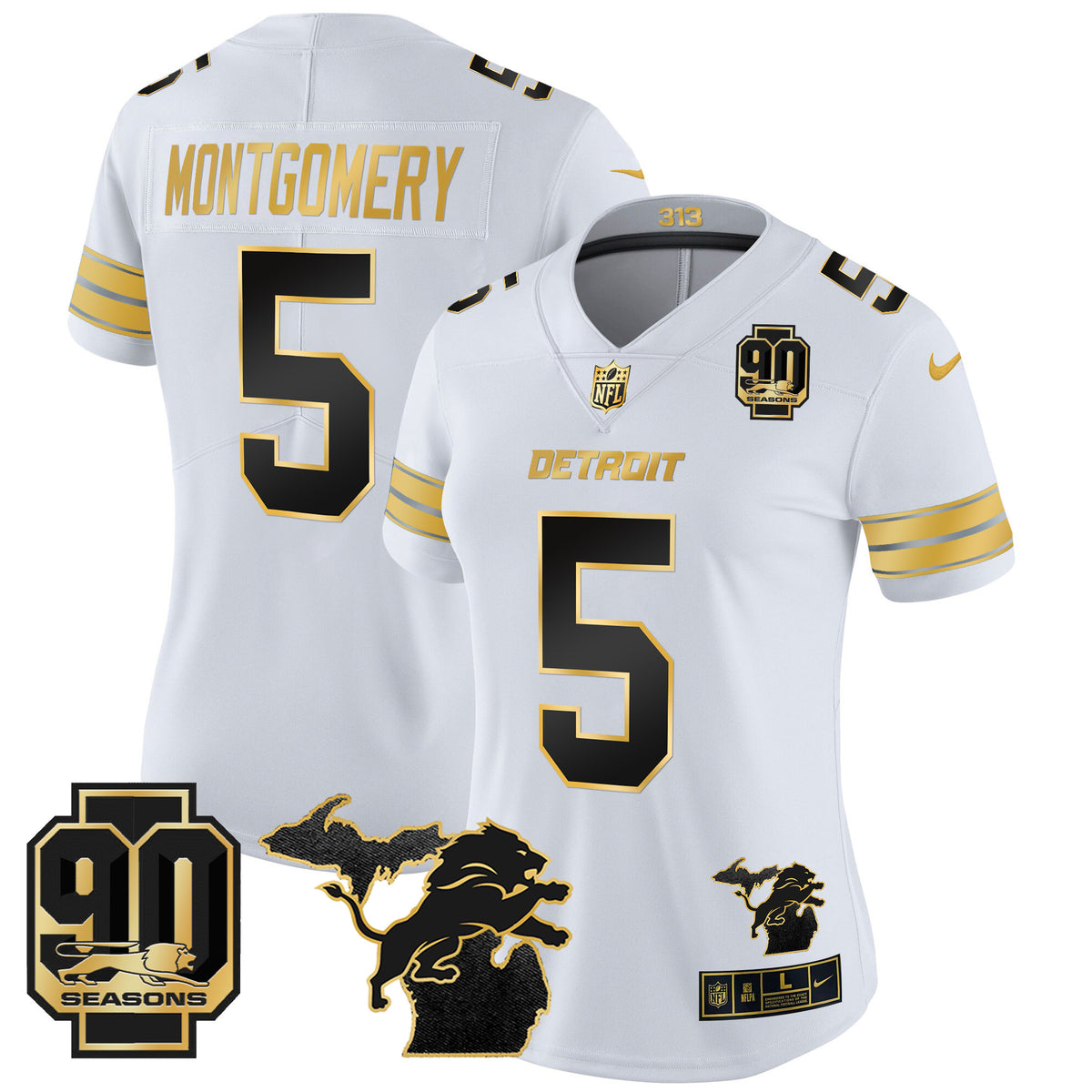 Women's Detroit Lions 2024 Michigan & 90th Year Patch Gold Vapor Limited Jersey - All Stitched - White Gold - David Montgomery — view 1