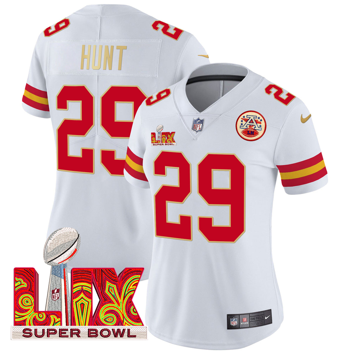 Women's Chiefs Super Bowl LIX Patch Gold Trim Vapor Limited Jersey - All Stitched - White - Kareem Hunt — view 1