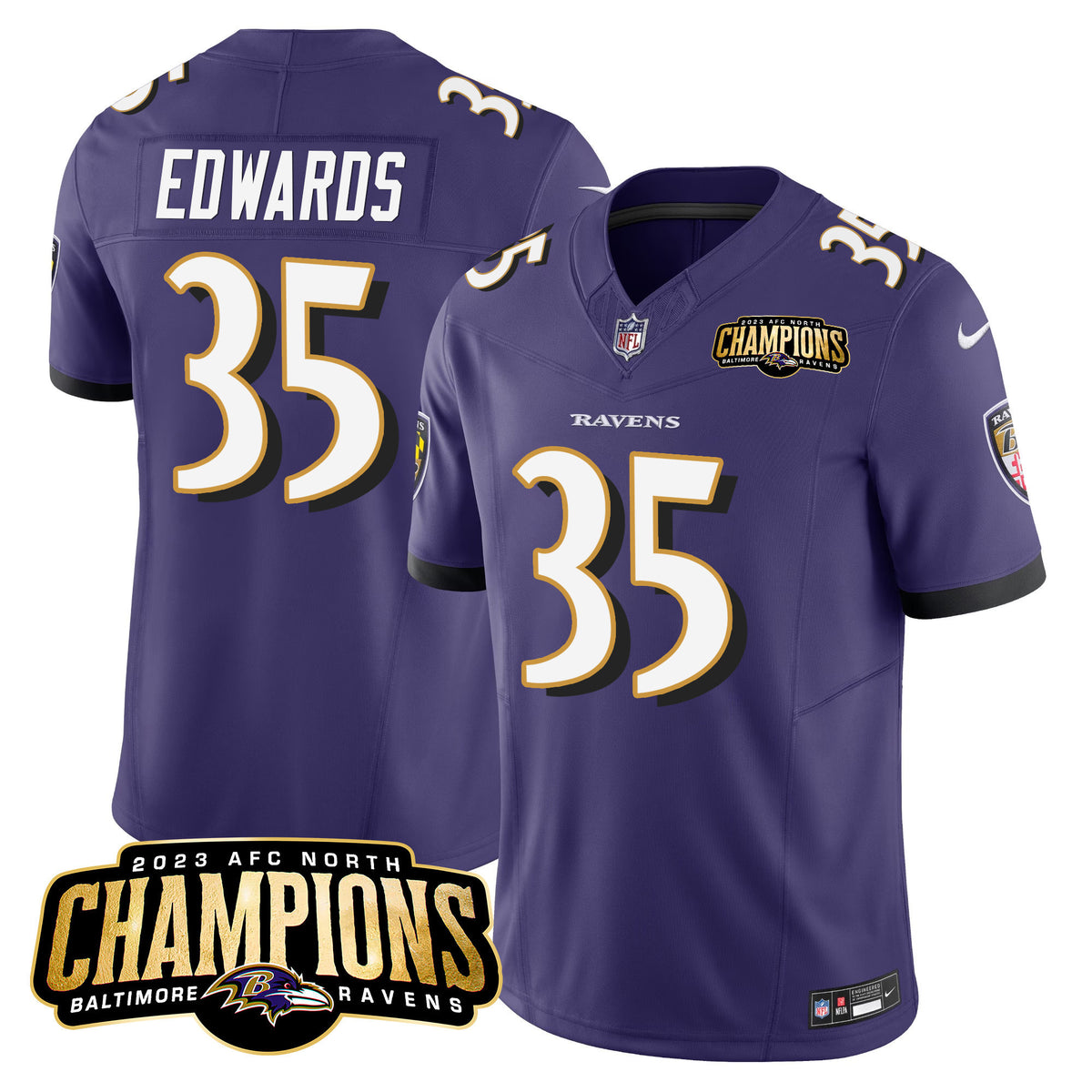 Men's Ravens 2023 AFC North Champions Patch Vapor Limited Jersey - All Stitched - Purple - Gus Edwards — view 1