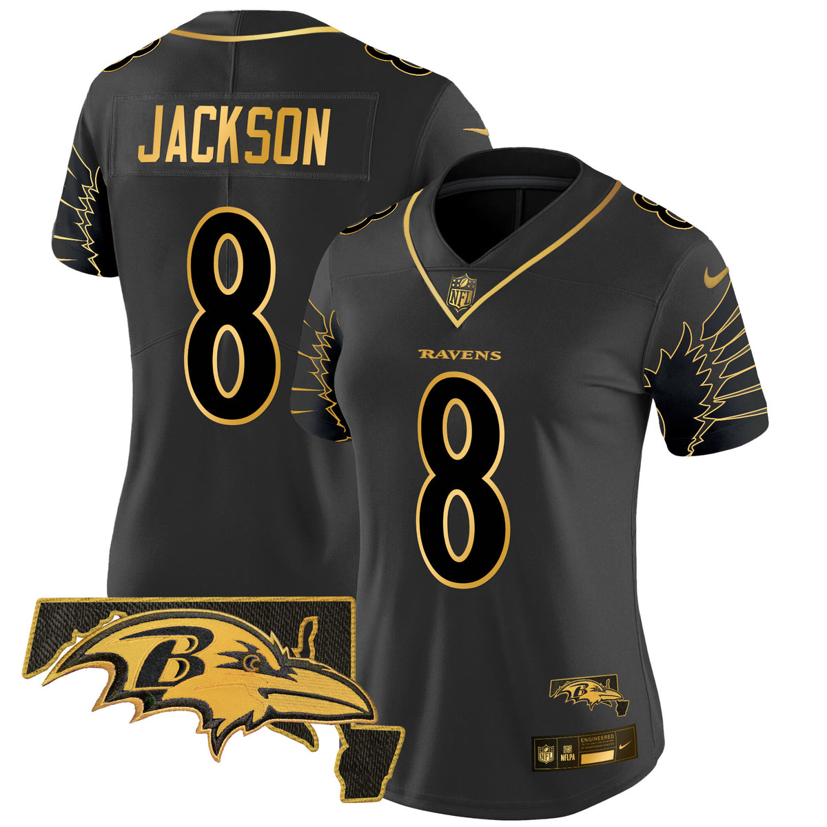 Women's Ravens Maryland Patch Gold Vapor Limited Jersey V2 - All Stitched - Black Gold - Lamar Jackson — view 1