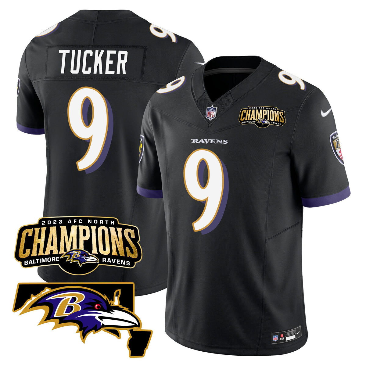 Men's Ravens 2023 AFC North Champions & Maryland Patch Vapor Jersey - All Stitched - Black - Justin Tucker — view 1