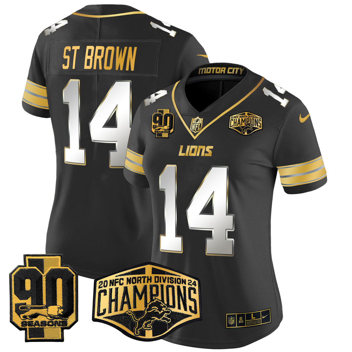 Women's Detroit Lions 2024 NFC North Division Champions Patch Gold Vapor Limited Jersey - All Stitched - Black Limited - St. Brown — view 1