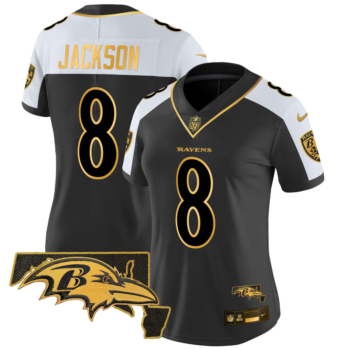 Women's Ravens Maryland Patch Gold Vapor Limited Jersey V2 - All Stitched - Alternate - Lamar Jackson — view 1