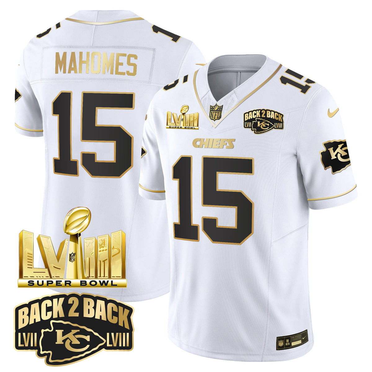Men's Chiefs Super Bowl LVIII & Back 2 Back Gold Patch Vapor Jersey V2 - All Stitched - White Gold - Patrick Mahomes — view 1