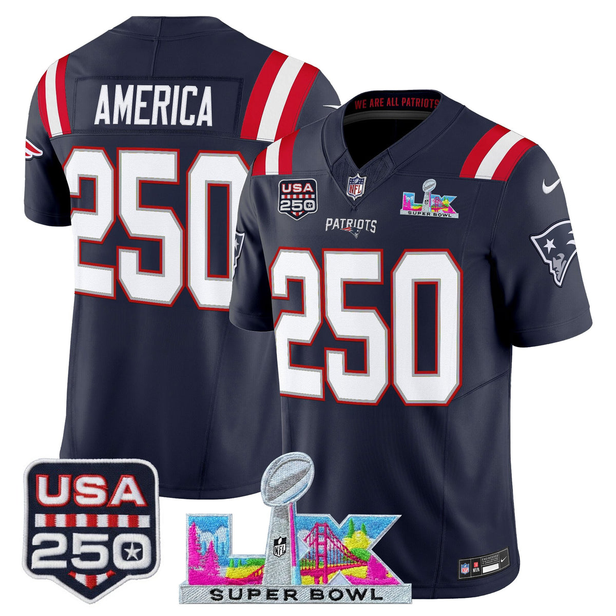 Men's New England Patriots Super Bowl LX & United States 250th Anniversary Patch Vapor Limited Jersey - All Stitched - Navy - #250 America — view 1