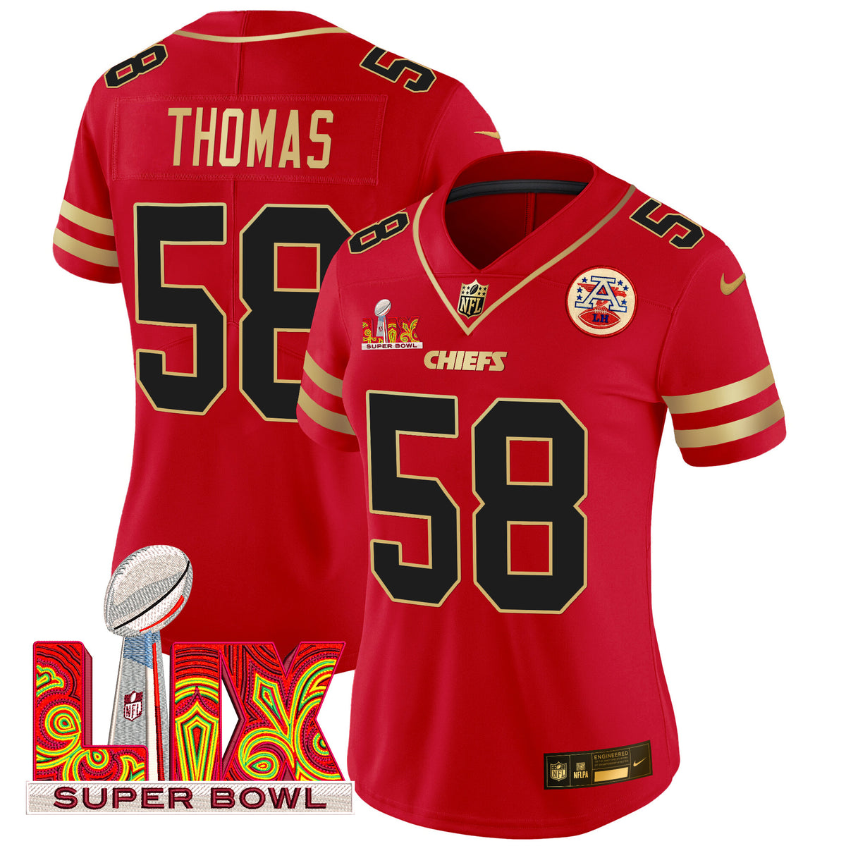 Women's Chiefs Super Bowl LIX Patch Gold Trim Vapor Limited Jersey - All Stitched - Red - Derrick Thomas — view 1