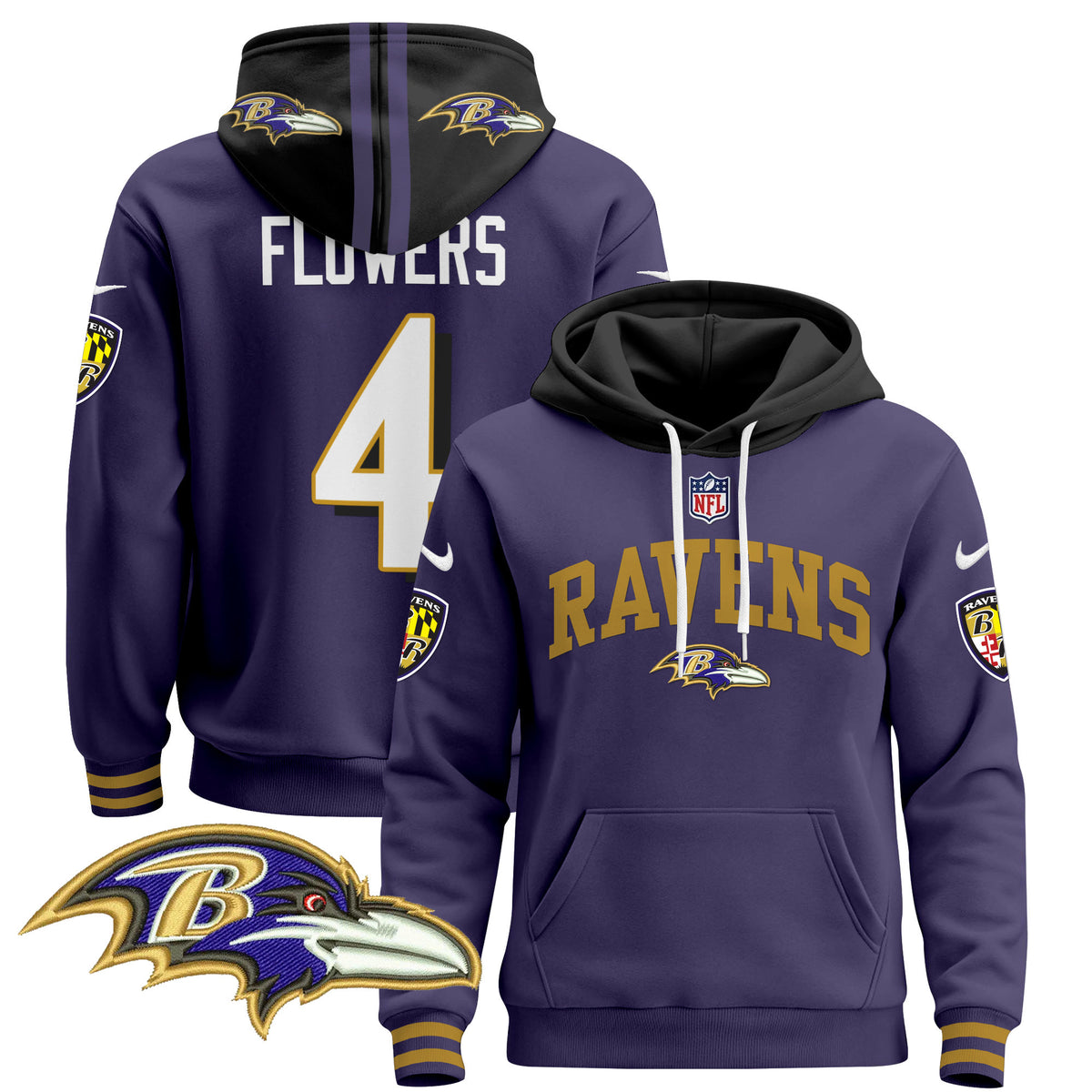 Men's Baltimore Ravens 2024 Pullover Hoodie V2 - All Stitched - Purple - Zay Flowers — view 1