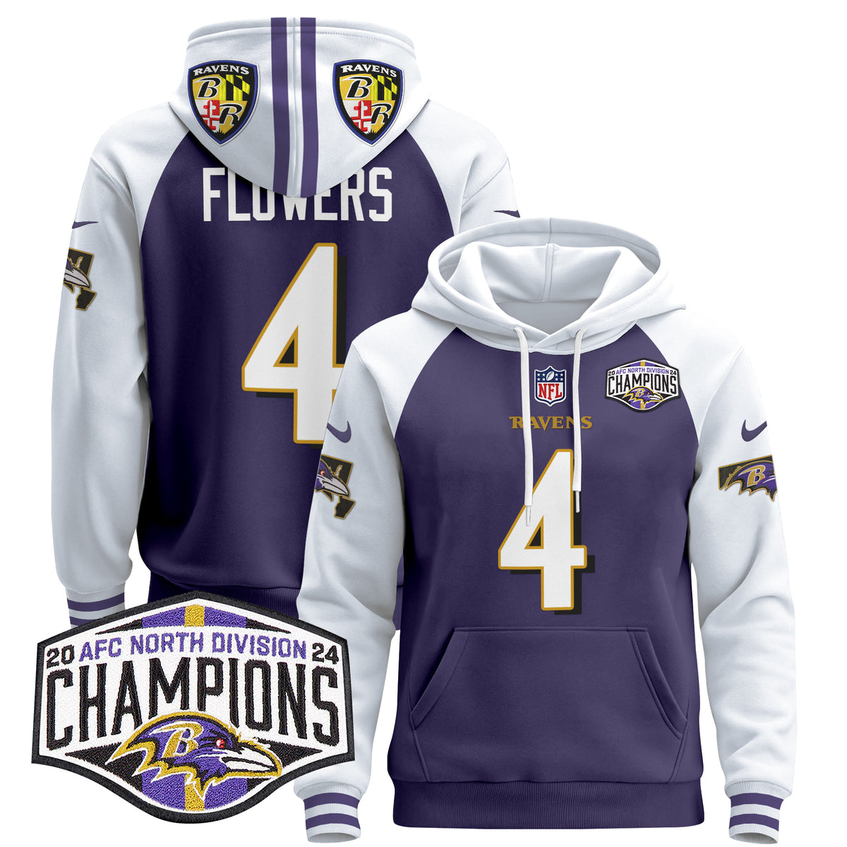 Men's Baltimore Ravens 2024 AFC North Division Champions Patch Pullover Hoodie V2 - All Stitched - Purple Alternate - Zay Flowers — view 1