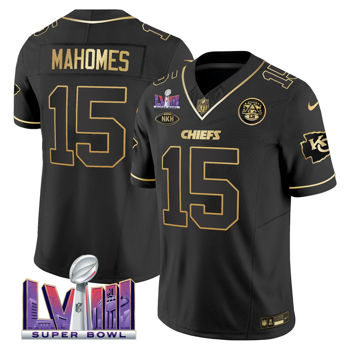 Men's Chiefs Super Bowl LVIII Patch Vapor Jersey V3 - All Stitched - Black Gold - Patrick Mahomes — view 1