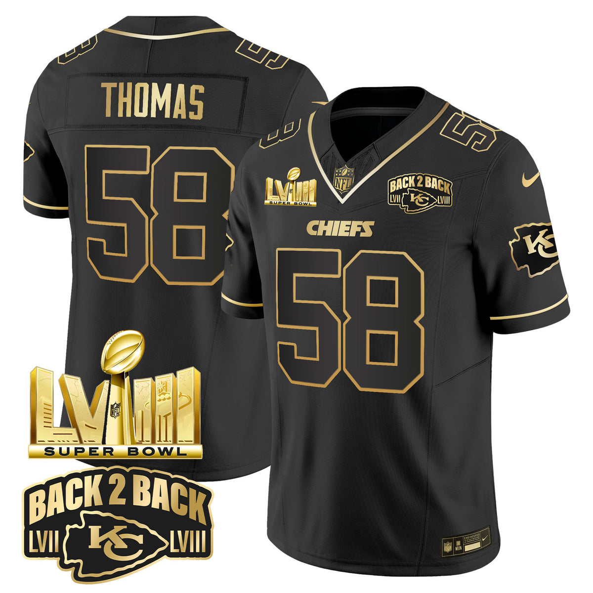 Men's Chiefs Super Bowl LVIII & Back 2 Back Gold Patch Vapor Jersey V2 - All Stitched - Black Gold - Derrick Thomas — view 1