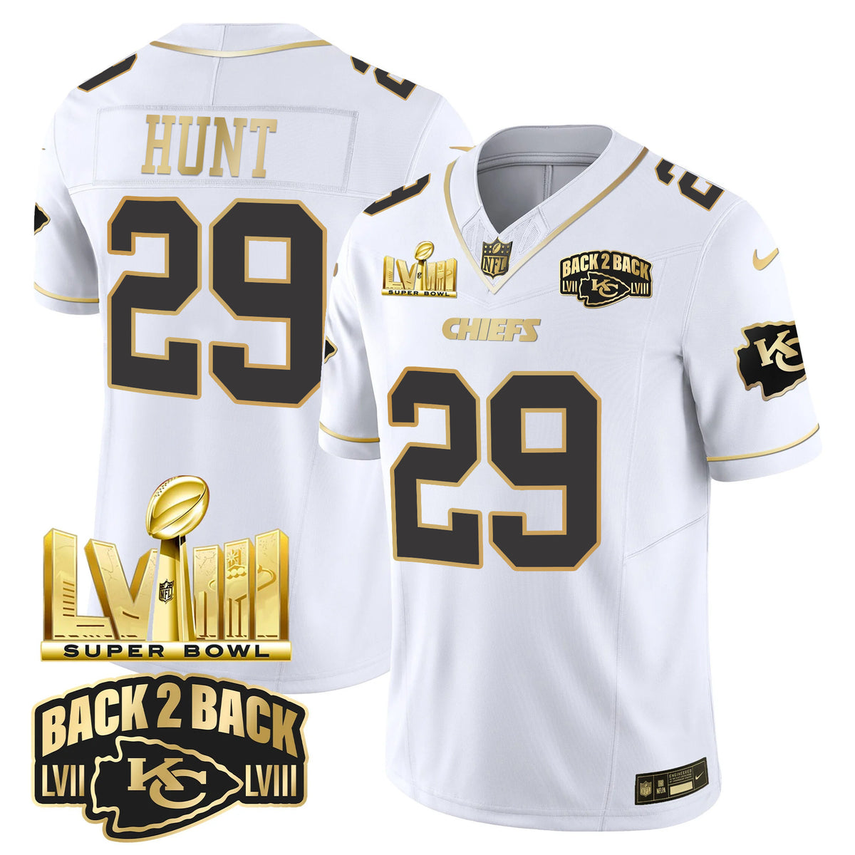 Men's Chiefs Super Bowl LVIII & Back 2 Back Gold Patch Vapor Jersey V2 - All Stitched - White Gold - Kareem Hunt — view 1