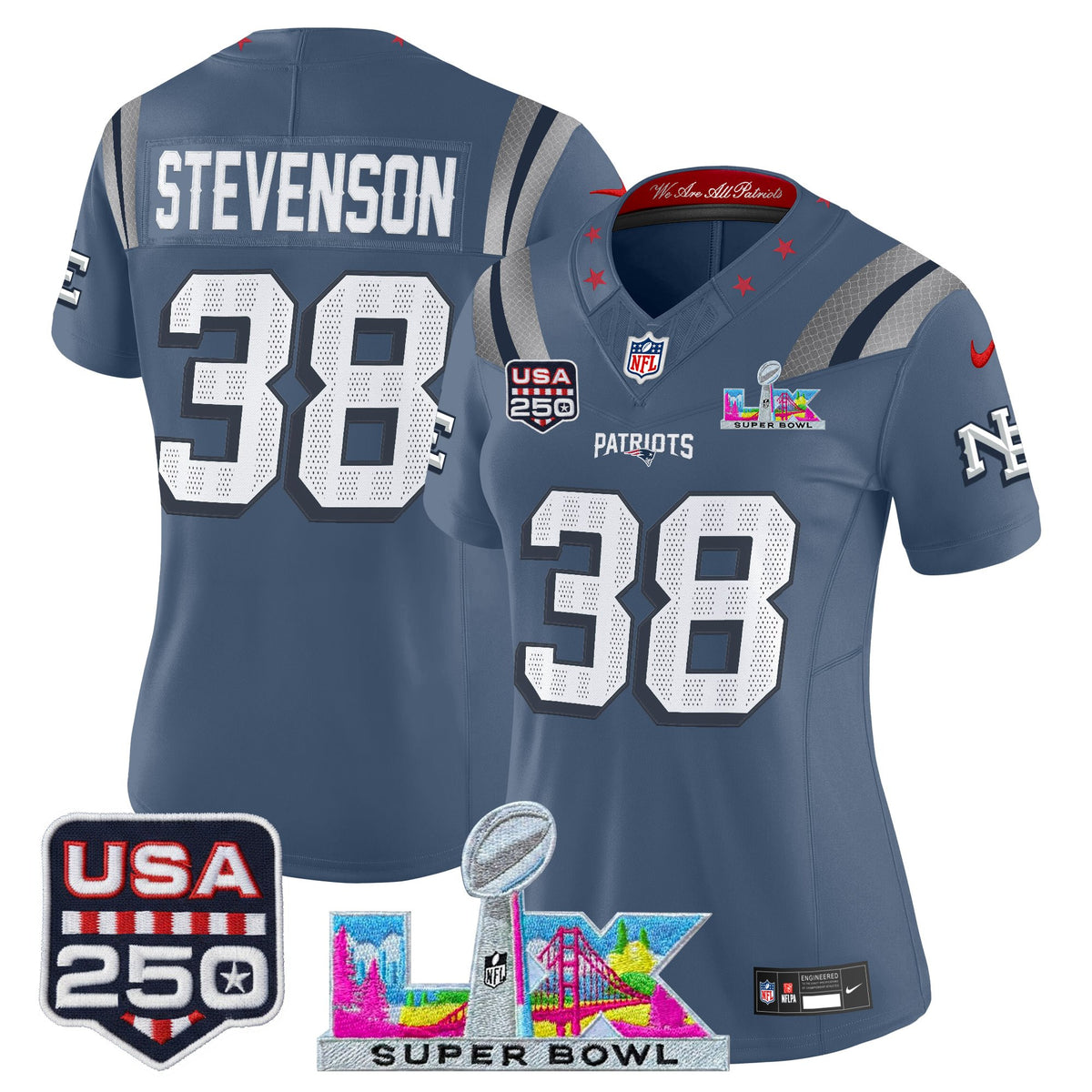 Women's New England Patriots Super Bowl LX & United States 250th Anniversary Patch Vapor Limited ~63b3501f - Storm Blue - Rhamondre Stevenson — view 1