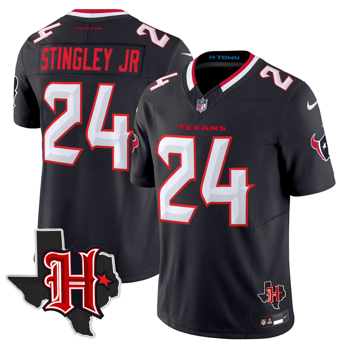 Men's Houston Texans 2024 Texas Patch Vapor Limited Jersey V5 - All Stitched - Navy - Derek Stingley Jr — view 1