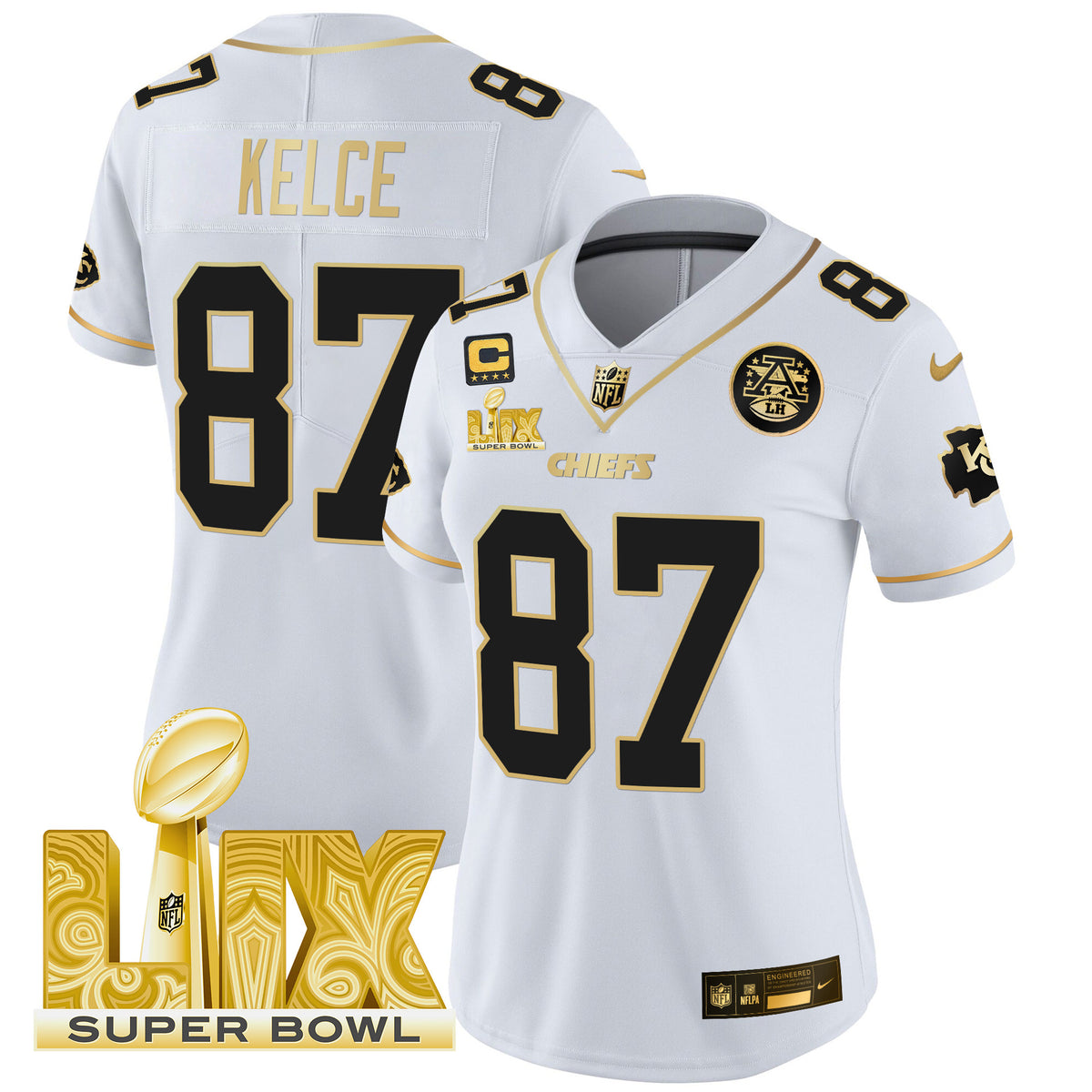 Women's Chiefs Super Bowl LIX Patch Gold Vapor Limited Jersey - All Stitched - White Gold - Travis Kelce — view 1