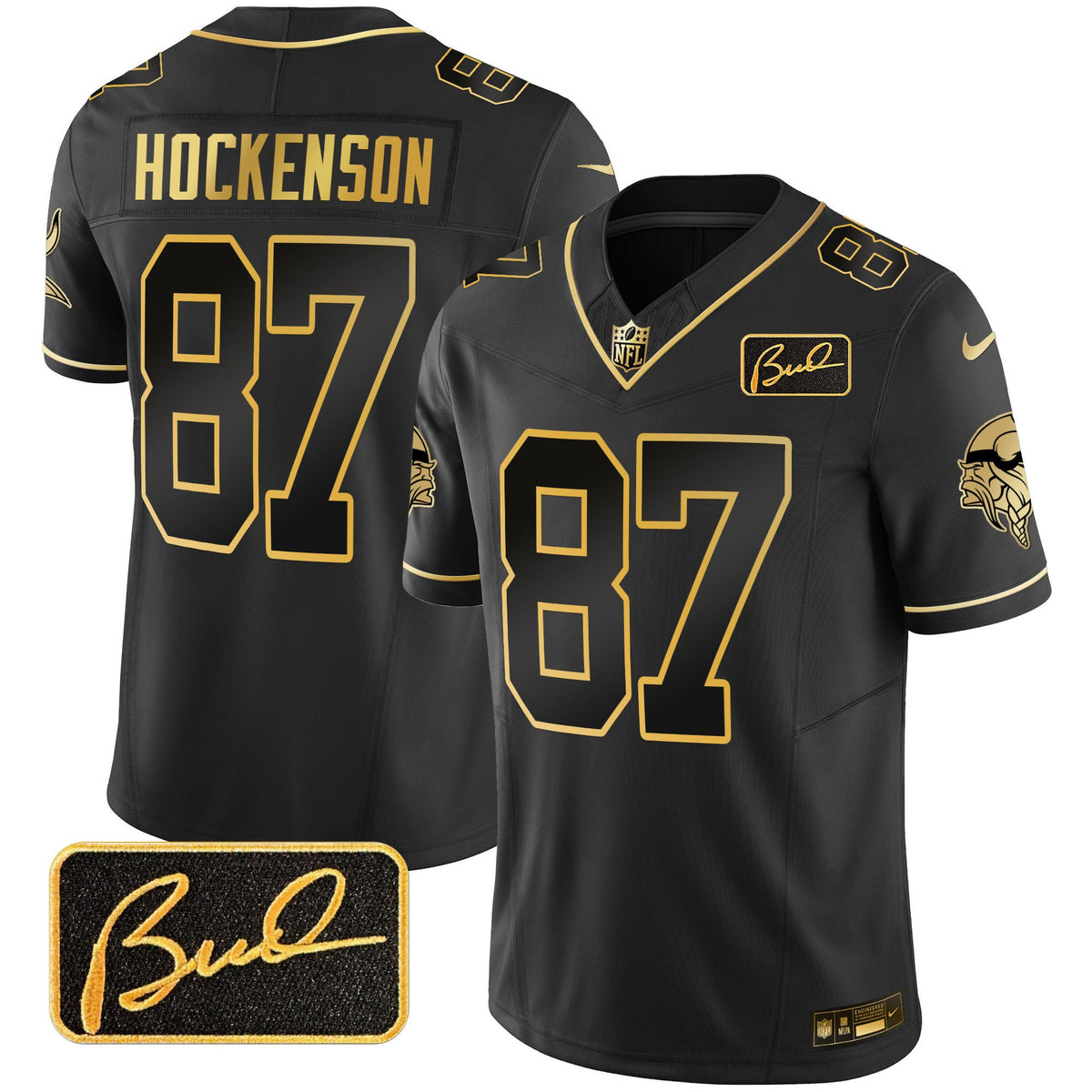 Men's Vikings Bud Grant Patch Gold Limited Jersey V2 - All Stitched - Black Gold - T.J. Hockenson — view 1