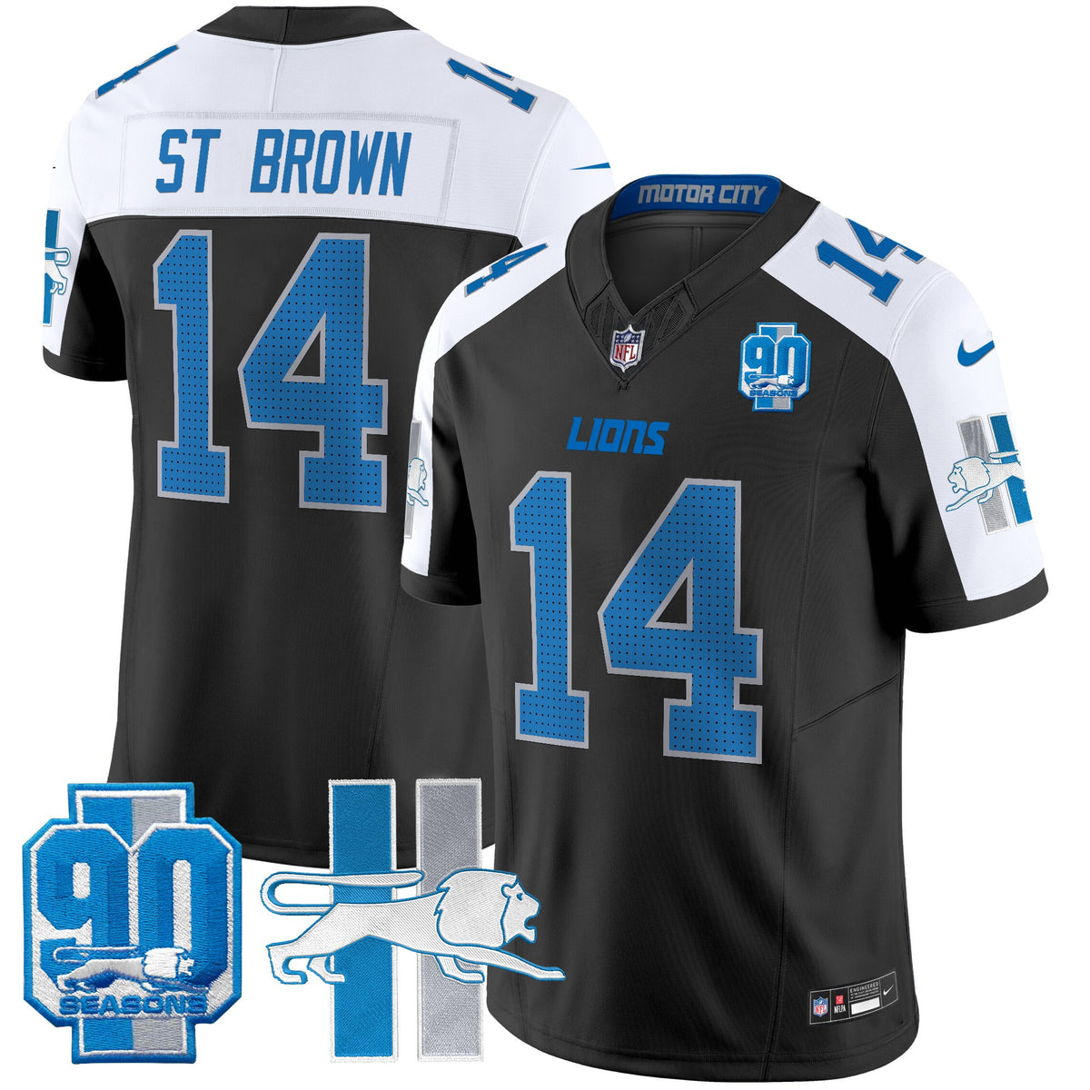 Men's Detroit Lions Throwback 90th Year Patch Vapor Limited Jersey - All Stitched - Black Alternate - St. Brown — view 1