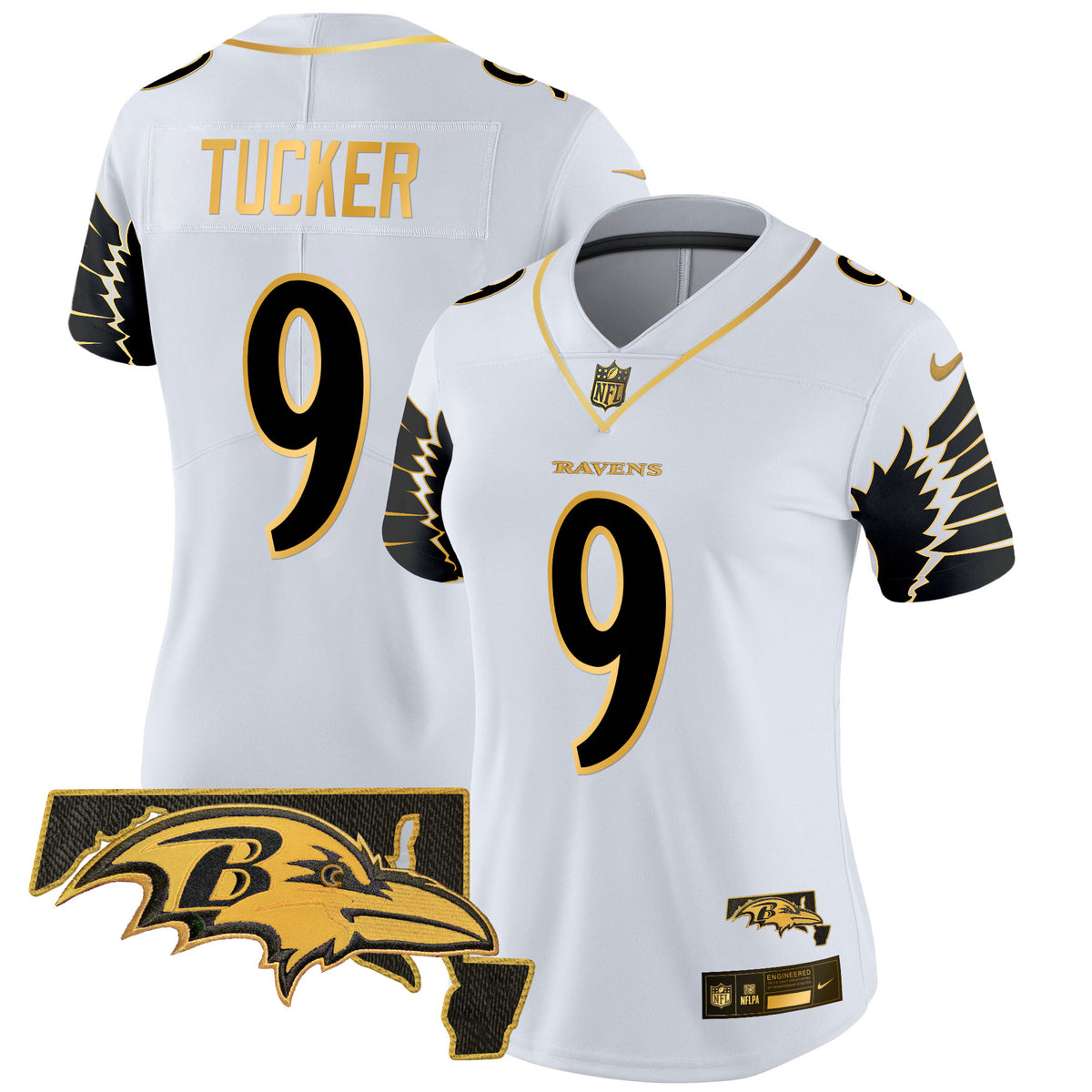 Women's Ravens Maryland Patch Gold Vapor Limited Jersey V2 - All Stitched - White Gold - Justin Tucker — view 1