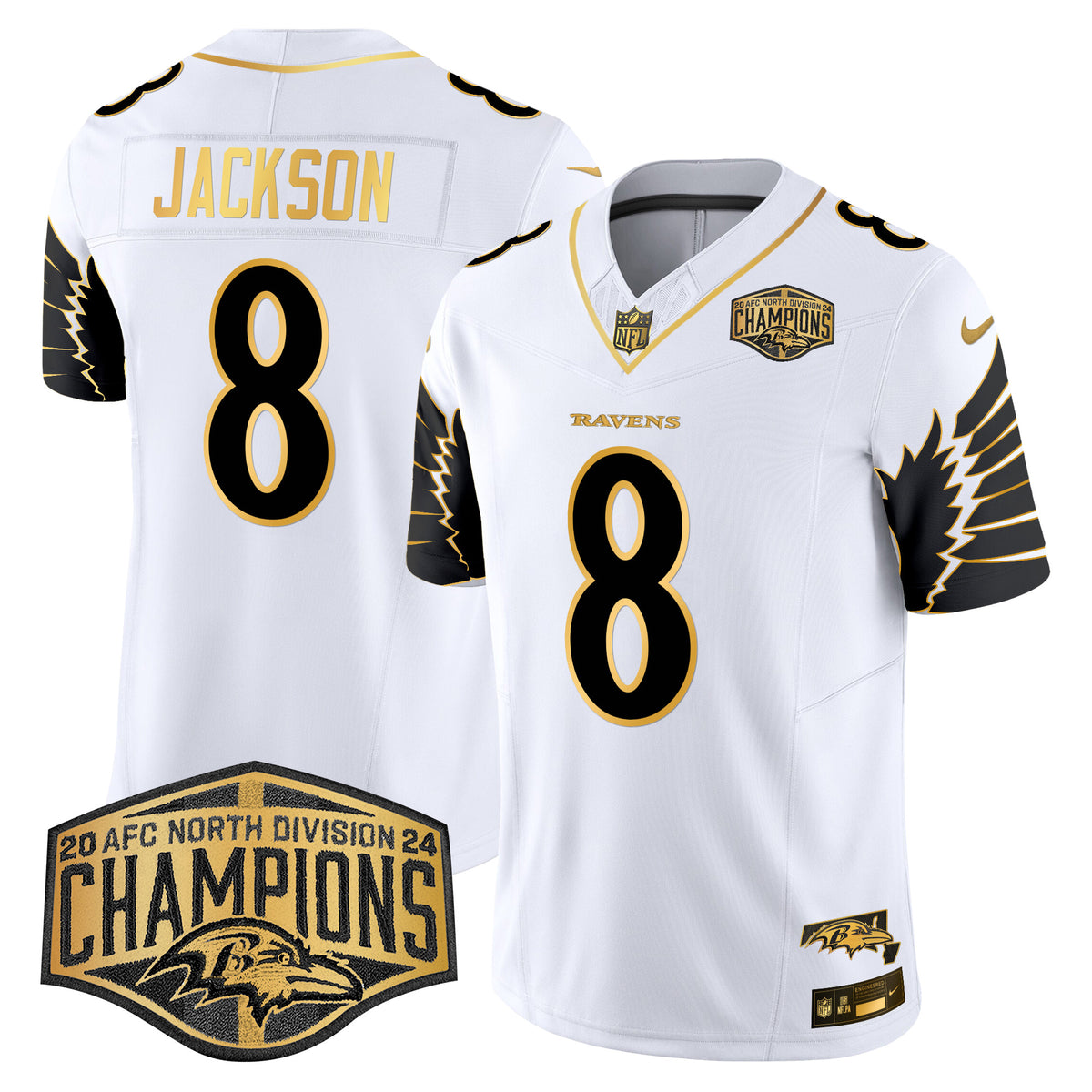 Men's Ravens Maryland 2024 AFC North Division Champions Patch Gold Vapor Limited Jersey - All Stitched - White Gold - Lamar Jackson — view 1