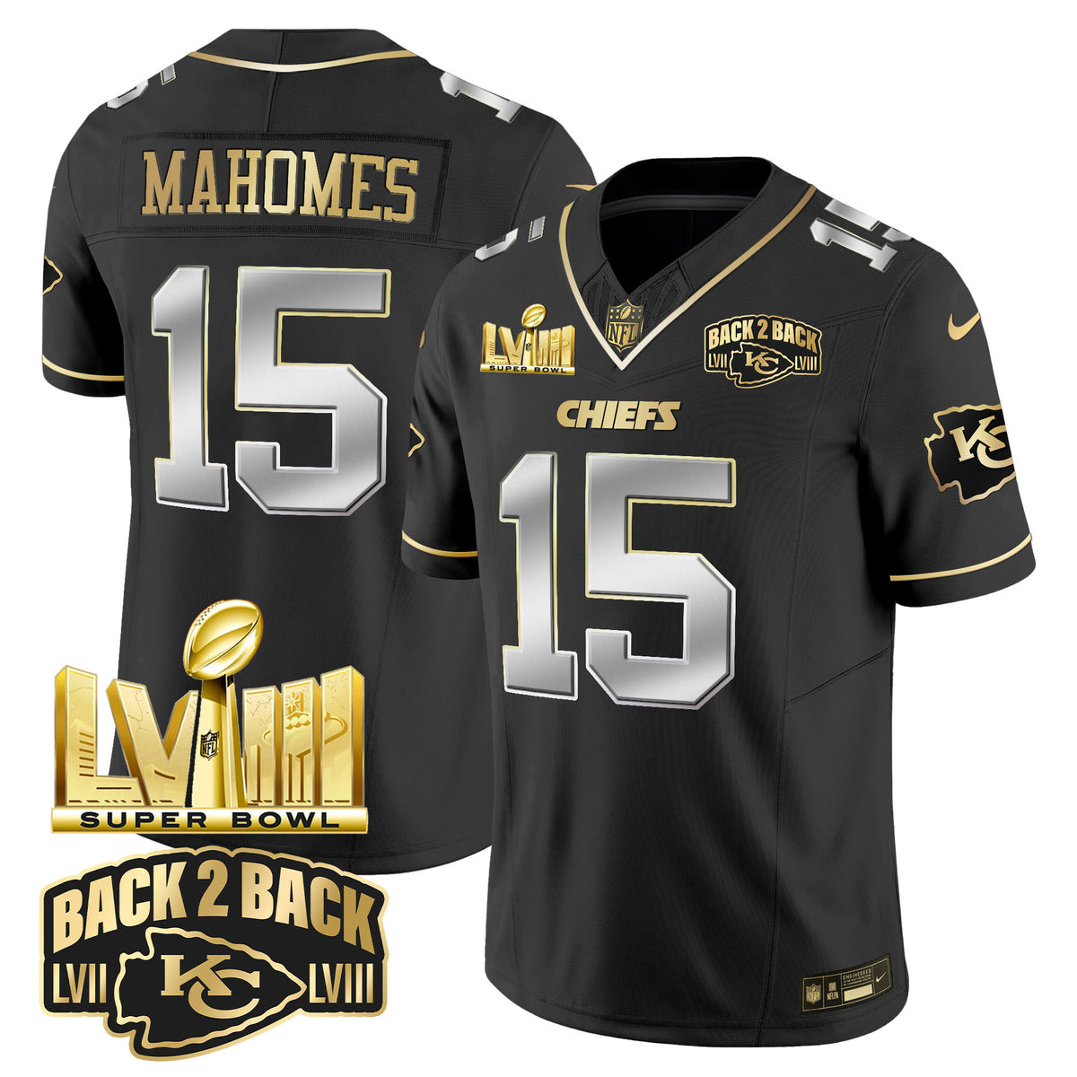 Men's Chiefs Super Bowl LVIII & Back 2 Back Gold Patch Vapor Jersey V2 - All Stitched - Black Limited - Patrick Mahomes — view 1