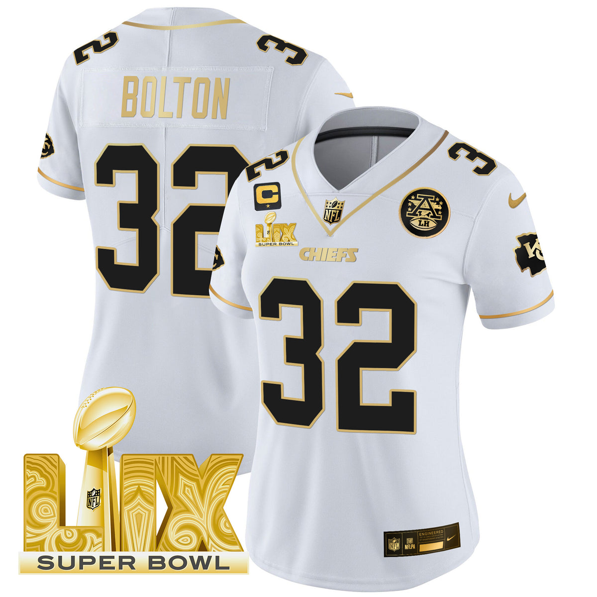 Women's Chiefs Super Bowl LIX Patch Gold Vapor Limited Jersey - All Stitched - White Gold - Nick Bolton — view 1