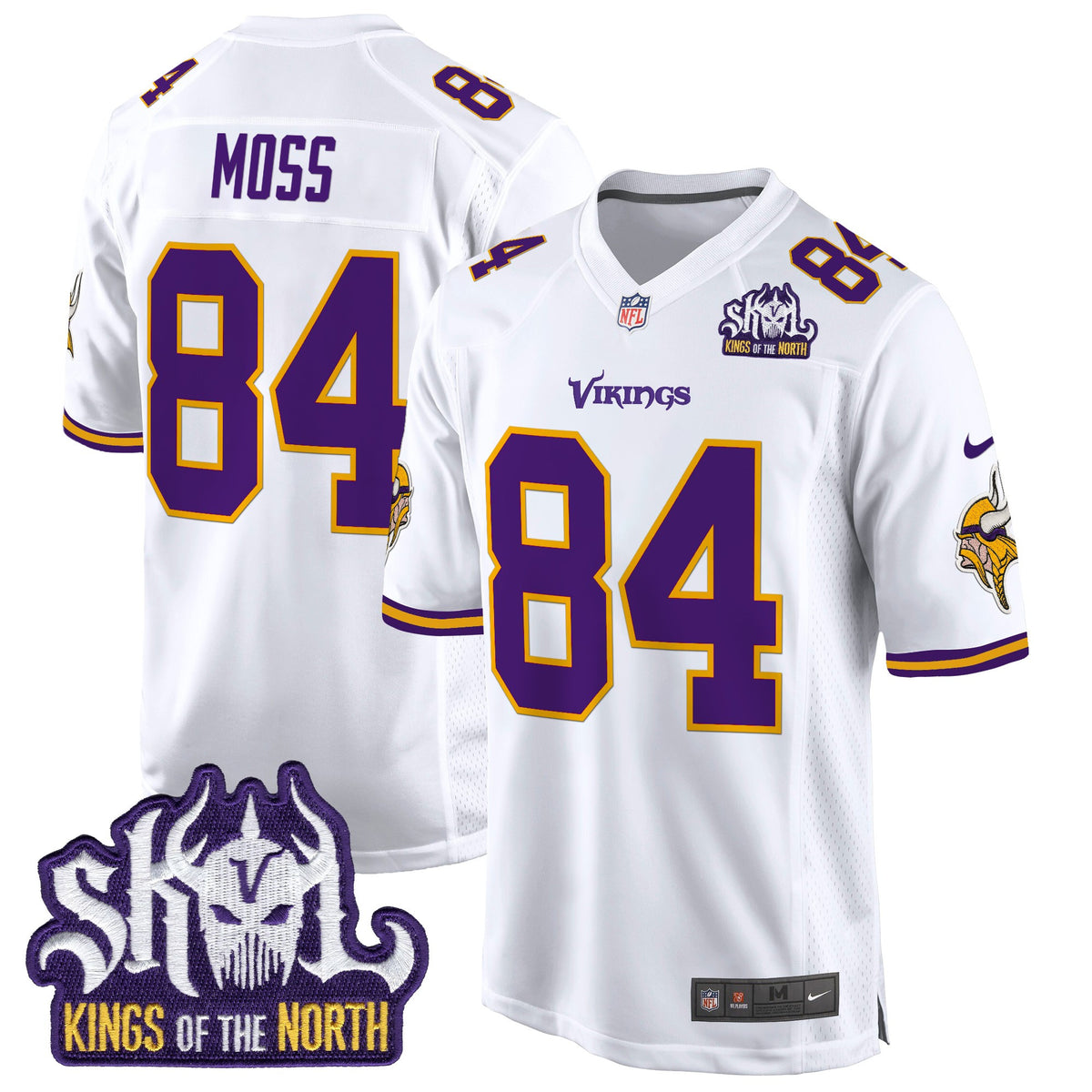 Men's Minnesota Vikings King Of The North Patch Throwback Game Jersey - All Stitched - White - Randy Moss — view 1