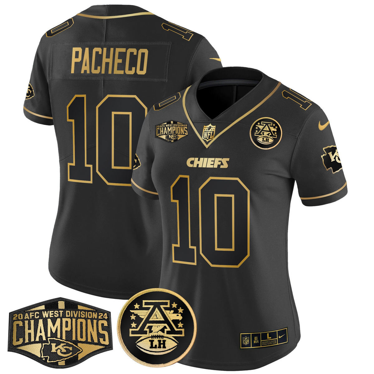 Women's Chiefs 2024 AFC West Division Champions Patch Gold Vapor Limited Jersey - All Stitched - Black Gold - Isiah Pacheco — view 1