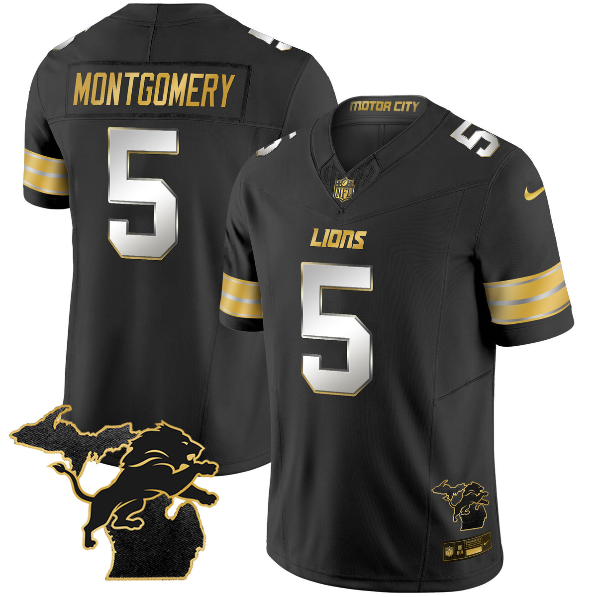 Men's Detroit Lions 2024 Michigan Patch Gold Vapor Jersey - All Stitched - Black Limited - David Montgomery — view 1