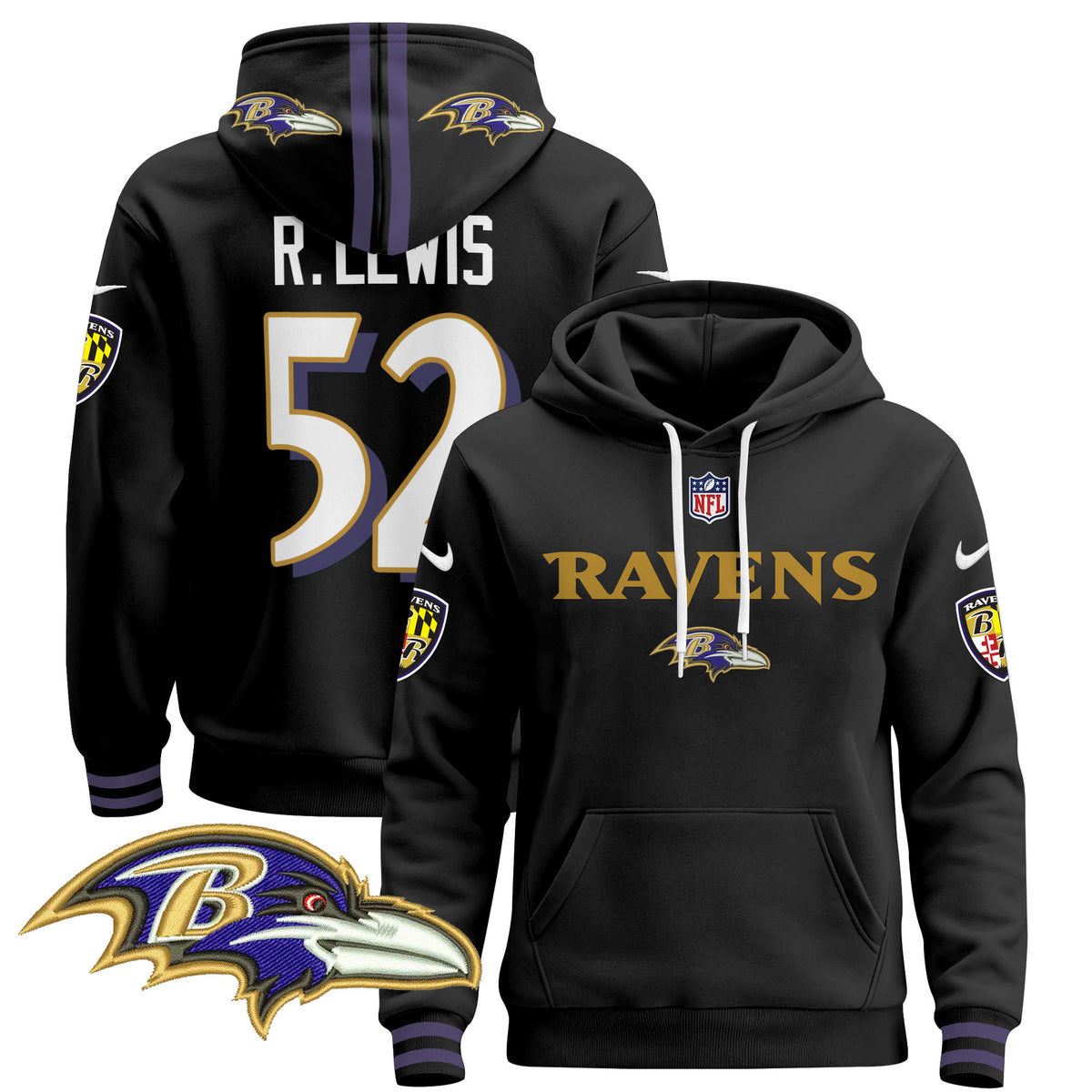 Men's Baltimore Ravens 2024 Pullover Hoodie V3 - All Stitched - Black - Ray Lewis — view 1