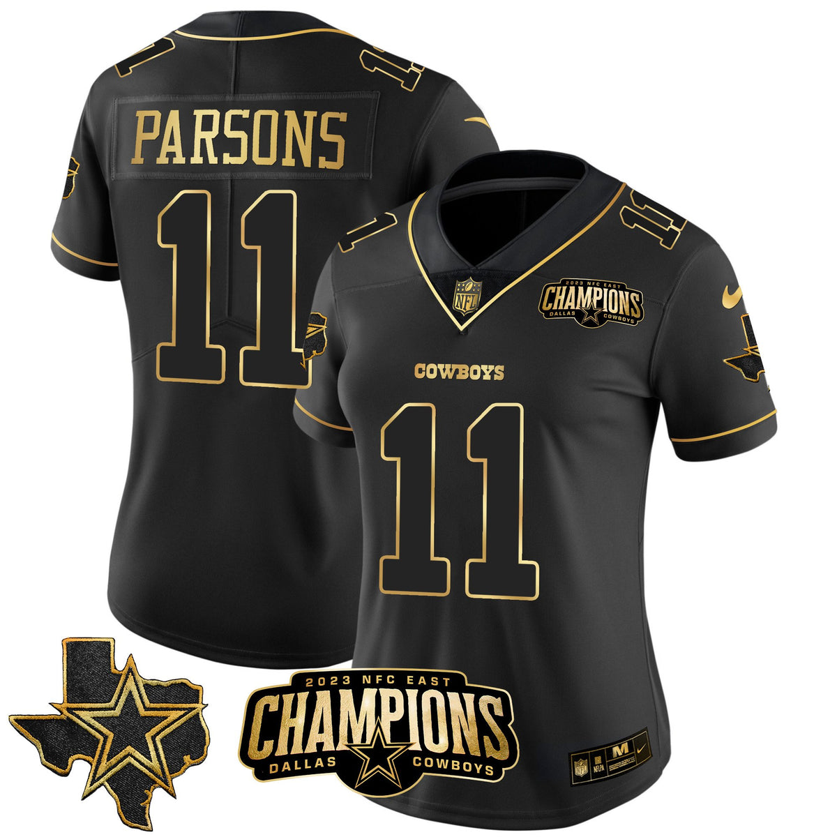 Women's Cowboys 2023 NFC East Champions Patch Gold Vapor Jersey - All Stitched - Black Gold - Micah Parsons — view 1