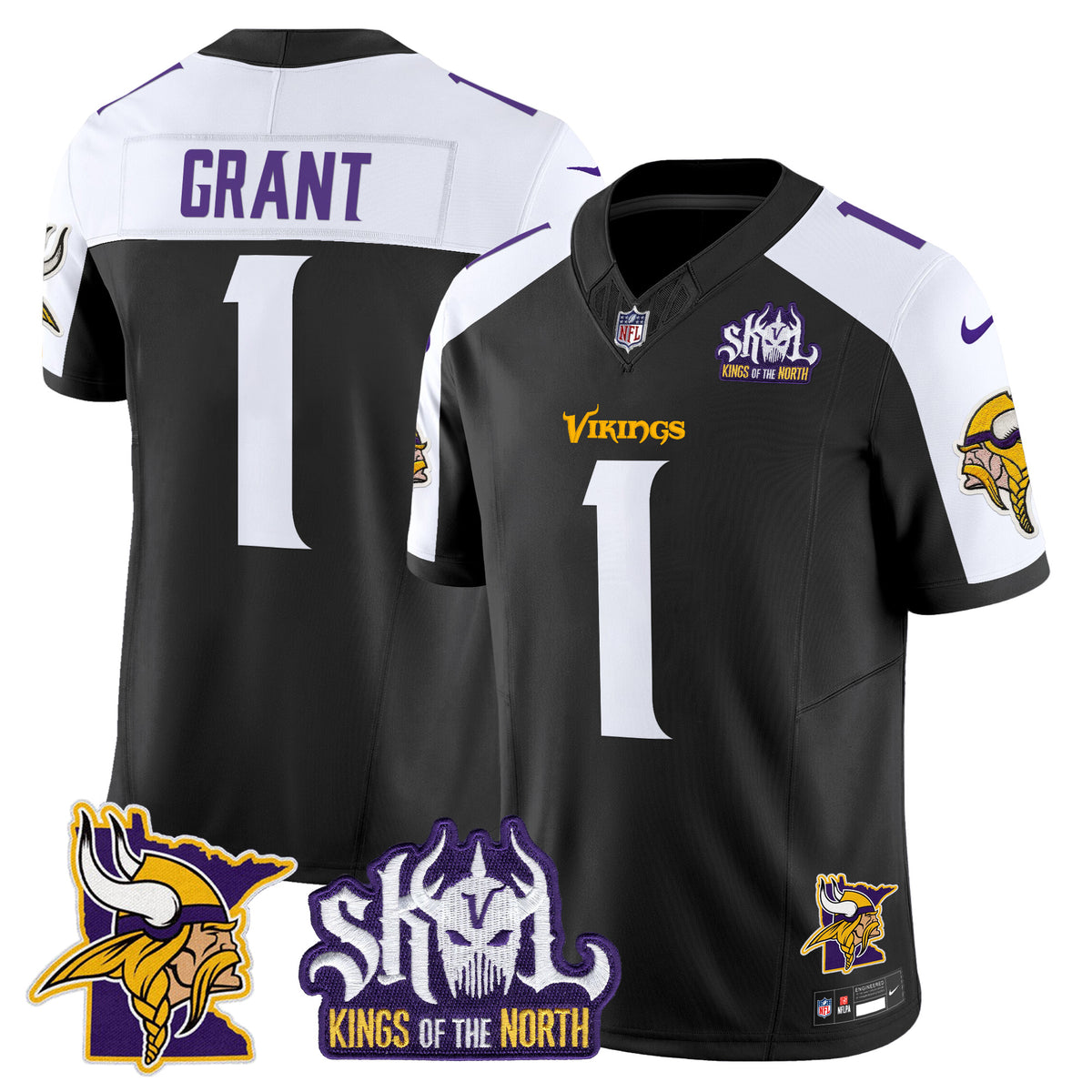 Men's Minnesota Vikings Kings Of The North Patch Vapor Limited Jersey V3 - All Stitched - Black Alternate - Bud Grant — view 1