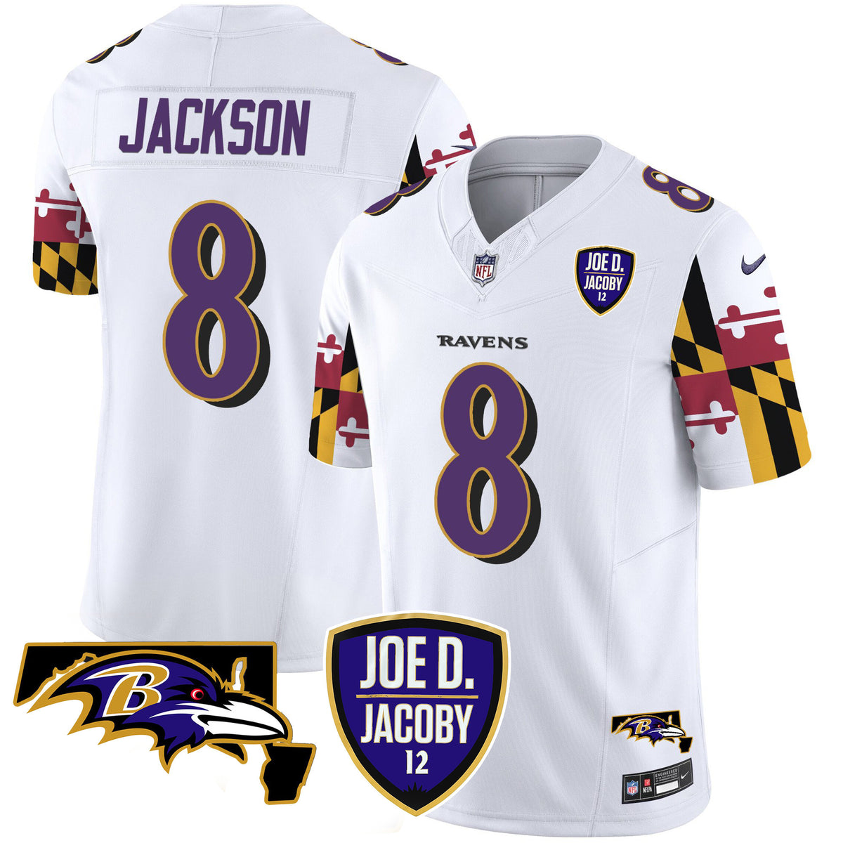 Men's Ravens Joe D & Jacoby Patch Vapor Limited Jersey V2 - All Stitched - White - Lamar Jackson — view 1