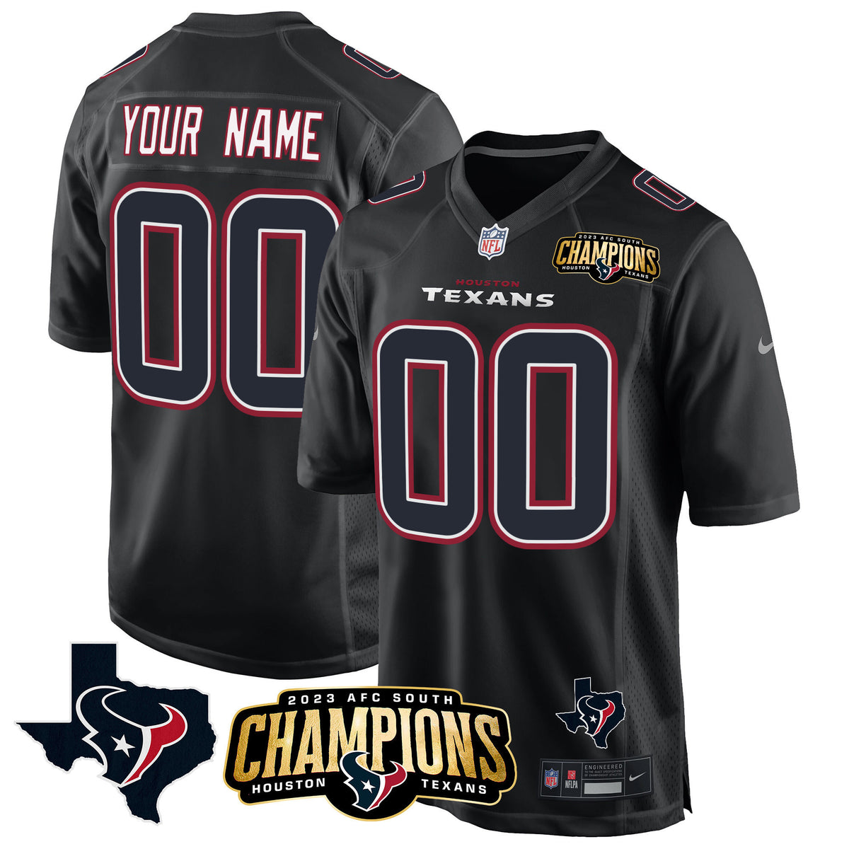 Houston Texans 2023 AFC South Champions Patch Game Custom Jersey - All Stitched - Black — view 1
